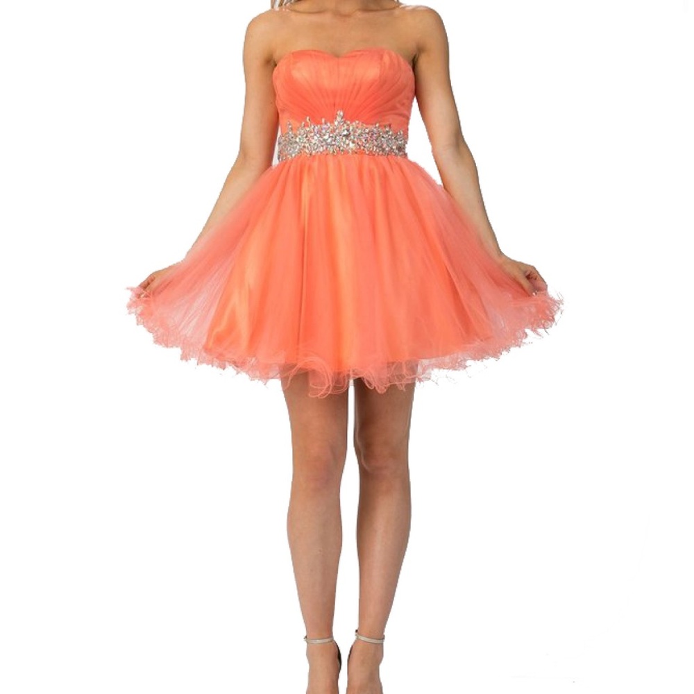 Strapless Peach Tulle Formal Dress with Jeweled Waist